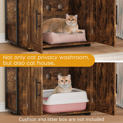 Cat Litter Box Enclosure with 2-Tier Storage Shelves and Doors Hidden Cat Washroom Cabinet Indoor Furniture Fits Most Litter Box