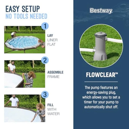 Backyard outdoor swimming pool set: Power Steel round above-ground pool, 14 x 42, steel frame, blue, includes 1, 000 GPH filter