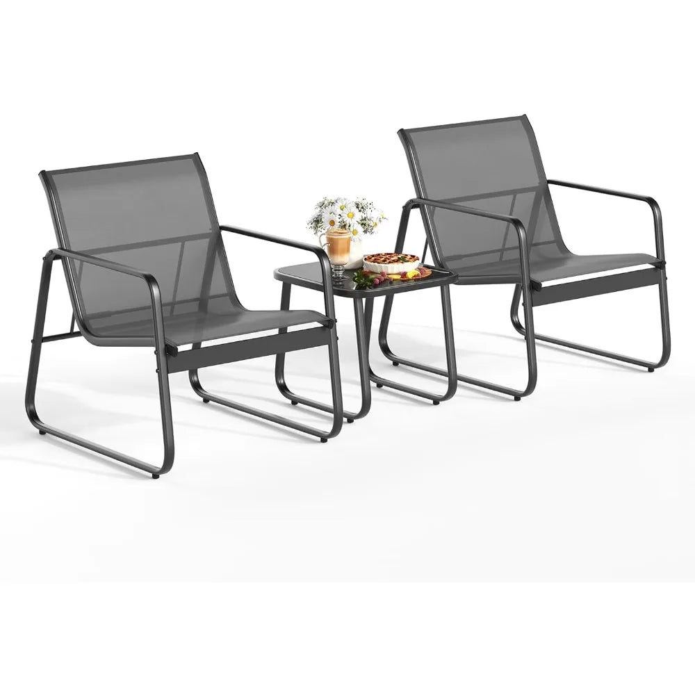 Patio Chairs Set of 2, Patio Furniture Set with Metal Frame Glass Table, Outdoor Chairs Set of 2 for Balcony, Bistro Table and