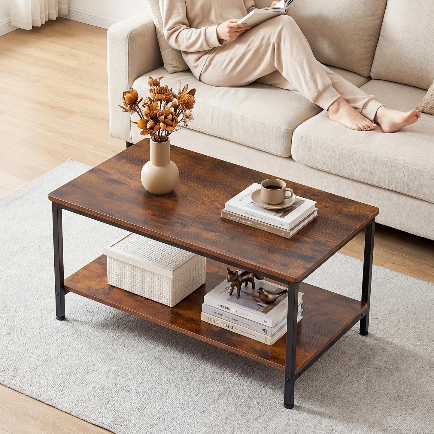 31IN Wood Coffee Table For Living Room 2-Tier Center Counter with Storage 50 lbs Capacity Anti-Slip Feet Modern Design