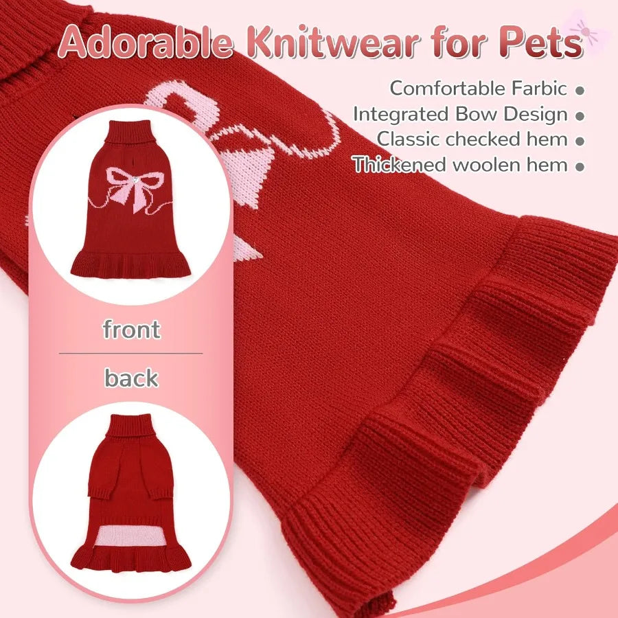 Bowknot Pet Sweater Dress for Small Pets Girl Stretchy Pet Sweaters Pullover Coats Fall Winter Warm Dog Turtleneck Sweater Red