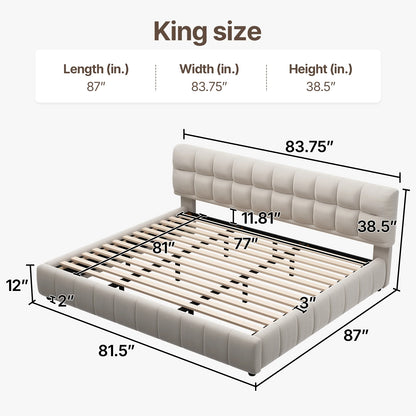 Queen Size Modern Cloud Platform Bed with 38.5-inch High Extra-Thick Soft Headboard, Includes Footboard, Block Design, Cream Uph