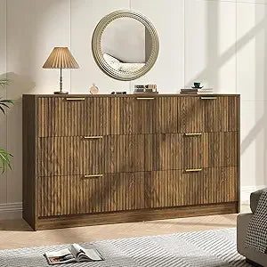 Fluted Dresser for Bedroom with 8 Drawer, 55” Wide White Double Drawer Dresser Modern Chest of Drawers with Metal Handle