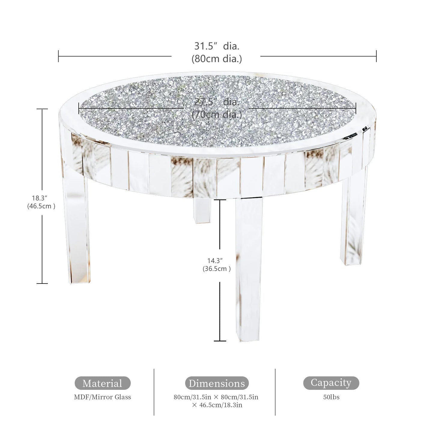 Mirrored Coffee Table with Crystal Inlay, 31.5'' Modern Round Coffee Table with Mirror Surface, Silver Accent Table