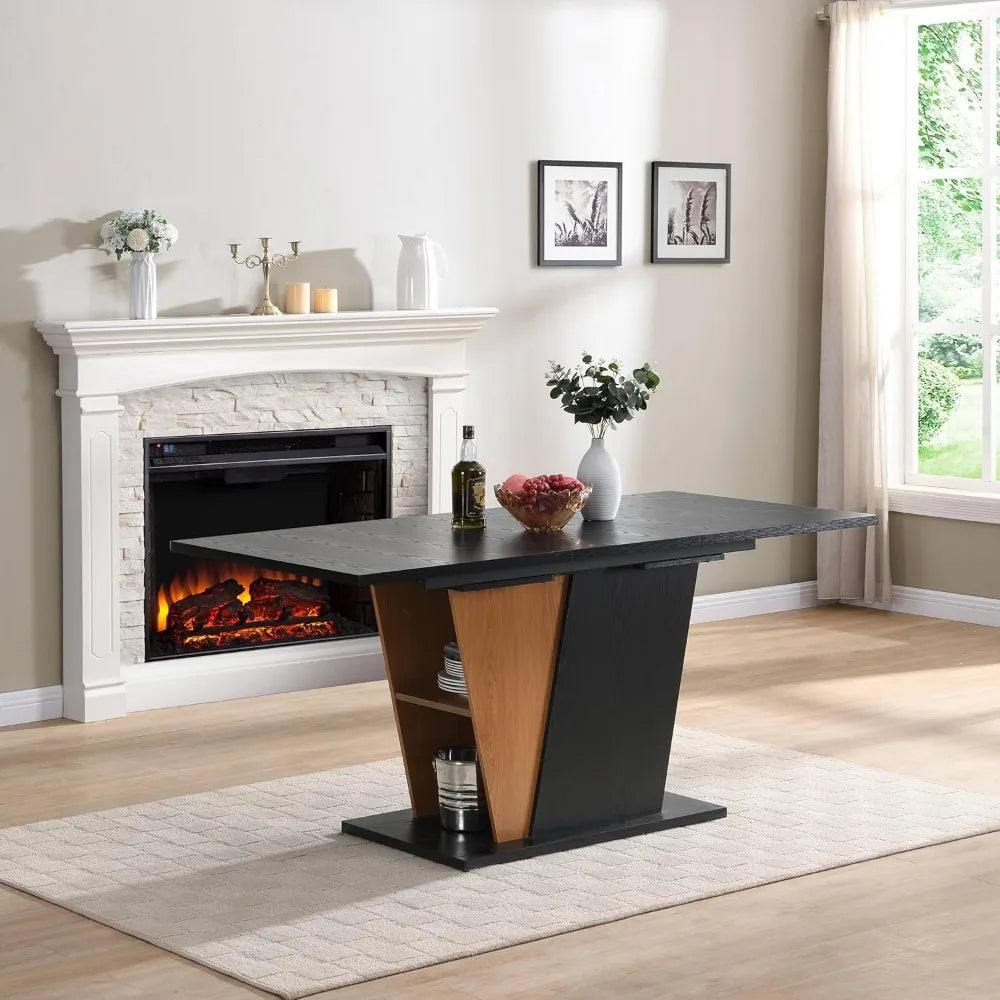 Extendable Dining Room Table for 4 6,46.5in-61.8in Modern Rectangular Table w/Heavy Duty Pedestal,Stor