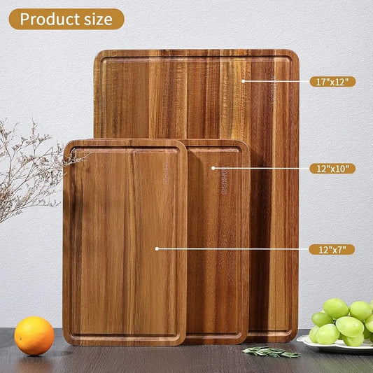 Wooden Cutting Boards Set of 3 Thick Chopping Board with Deep Juice Groove and Handles