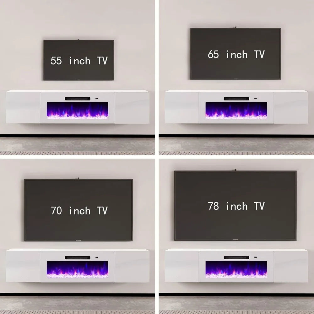 Wall-Mounted Electric Fireplace Entertainment Center with Storage, 36 High Gloss Floating TV Stand