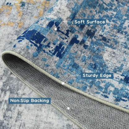 Modern Abstract Washable Area Rugs  Stain Resistant Non Slip Large Blue Soft Indoor Carpet for Home Decor