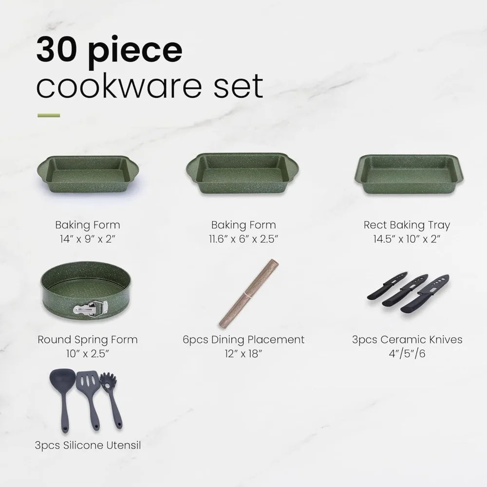 30 Piece Cookware Set Nonstick Pots and Pans Set Granite Kitchen Bakeware Set