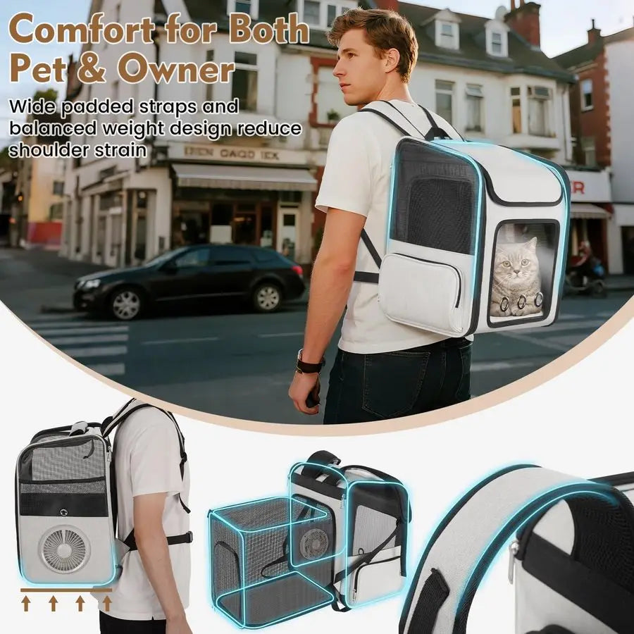 Backpack Carrier with Builtin Cooling Fan amp Heating Pad, Expandable Cat Carrier Backpack for Cats and Small Dogs, Ventilated T