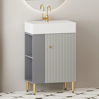 21.6" Open-shelving Bathroom Vanity with Ceramic Sink and Soft-Closing Door, Cloakroom Open Shelf Storage Cabinet on the Left