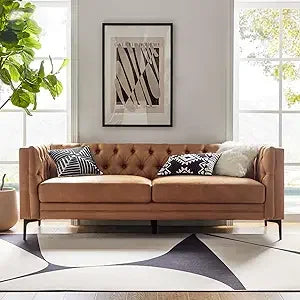 84" W Faux Leather Sofa Couch with Metal Legs, Button-Tufted 3-Seater Sofa, Mid Century Modern Upholstered Couch for Living Roo