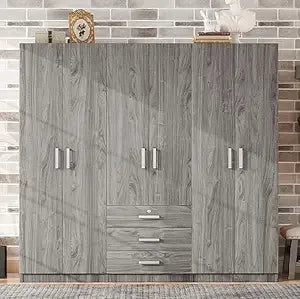 Large Wardrobe Closet 6 Doors, 70.9" W Wooden Wardrobe Cabinet with Big Drawers, Bedroom Armoire Dresser Wardrobe Clothes Organi