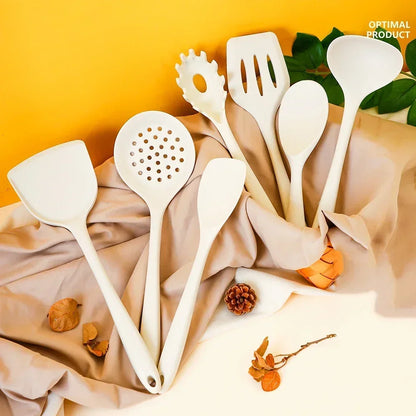 7Pcs Beige White Silicone Kitchenware Cooking Utensils Heat-resistant Spatula Turner Pasta Colander Shovel Kitchen Accessories