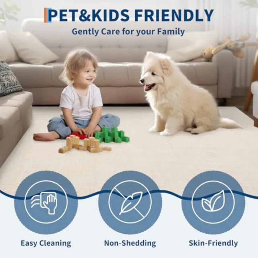 Living room 9x12 washable area rug, faux wool, neutral beige, ultra-soft non-slip non-shedding low-pile modern print carpet for