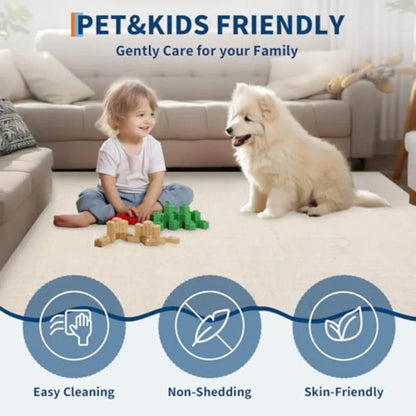 Living room 9x12 washable area rug, faux wool, neutral beige, ultra-soft non-slip non-shedding low-pile modern print carpet for