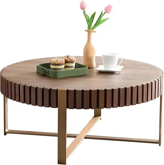31.5'' Round Coffee Table for Living Room, Solid Wood Handcraft Drum Coffee Table, Wooden Felief Coffee Table, Stainless Steel