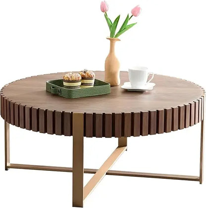 31.5'' Round Coffee Table for Living Room, Solid Wood Handcraft Drum Coffee Table, Wooden Felief Coffee Table, Stainless Steel