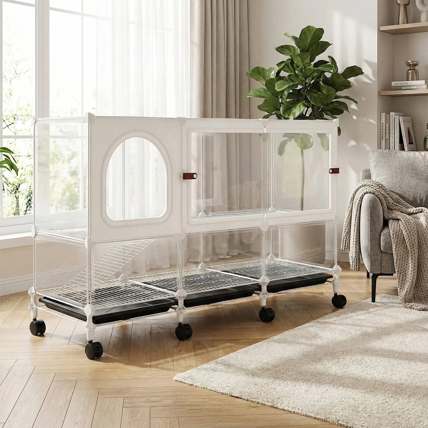 2-Tier Bunny Cage Indoor with Pull Out Tray Clear Panel Critter Cage with Wheels 105x35x66cm for Indoor Animal Chinchillas