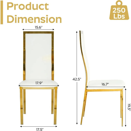Modern Dining Chairs Set of 4 White Faux Leather with Chrome Gold Metal Legs, Curved High Back Design & Cloud Cushioning, Mid-Ce