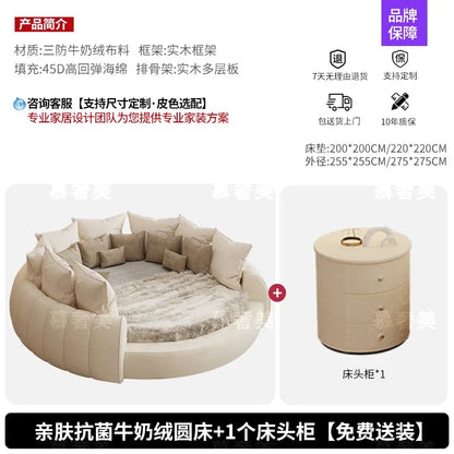 Bedroom Furniture Fabric Cream Style Double Wedding Bed Modern 200 X 200 Home Hotel Design Round Bed King Size Wooden Wood