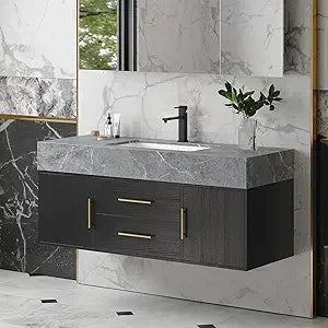 Floating Bathroom Vanity with Sintered Stone Vessel Sink 2 Drawers (Walnut with Doors, 39.4'')