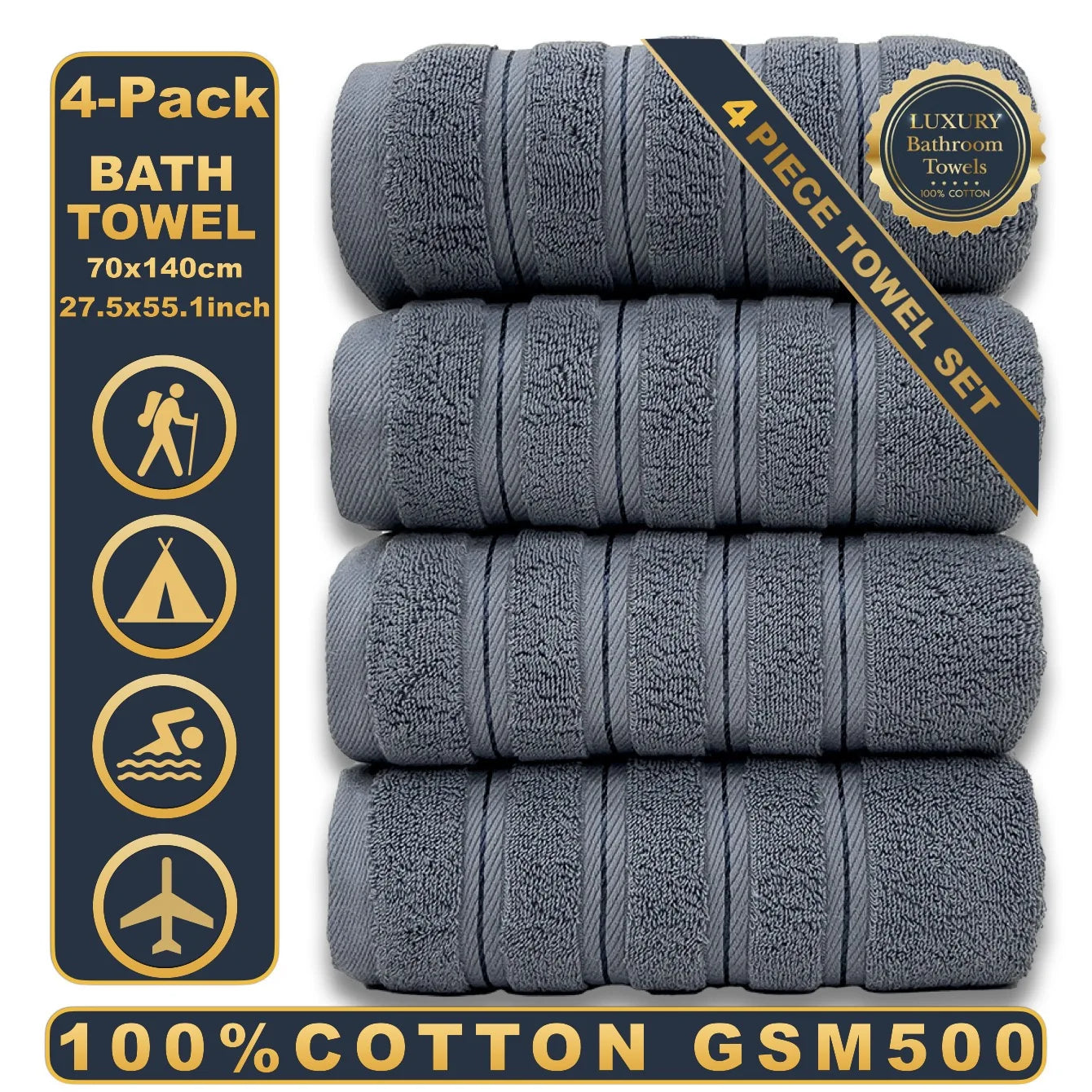 Black 4pcs XXL Bath Towel Set 100% Egyptian Cotton 70x140cm Soft Absorbent Quick-Dry Towels for Bathroom And Spa Drop Shipping