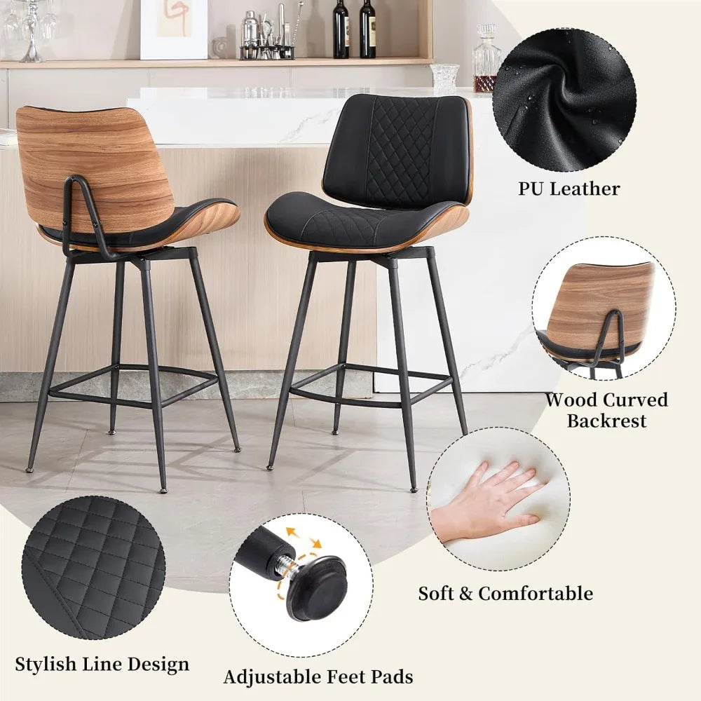 Swivel Bar Stools Set of 2,26.8"Counter Height Barstools in Modern Style,Armless Walnut Pub Chair PU Leather Bentwood