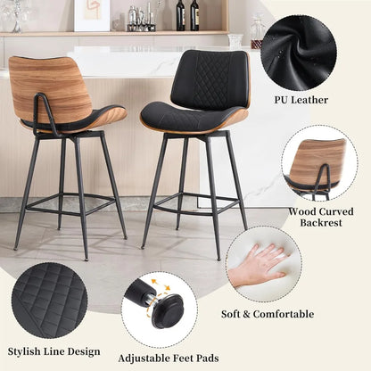 Swivel Bar Stools Set of 2,26.8"Counter Height Barstools in Modern Style,Armless Walnut Pub Chair PU Leather Bentwood