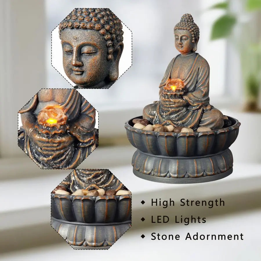 Home Decor 9.6 Tabletop Fountain Exquisite Smile Sitting Buddha Fountains Desk Water Fountain Decorative Zen Fountain w Reflecti