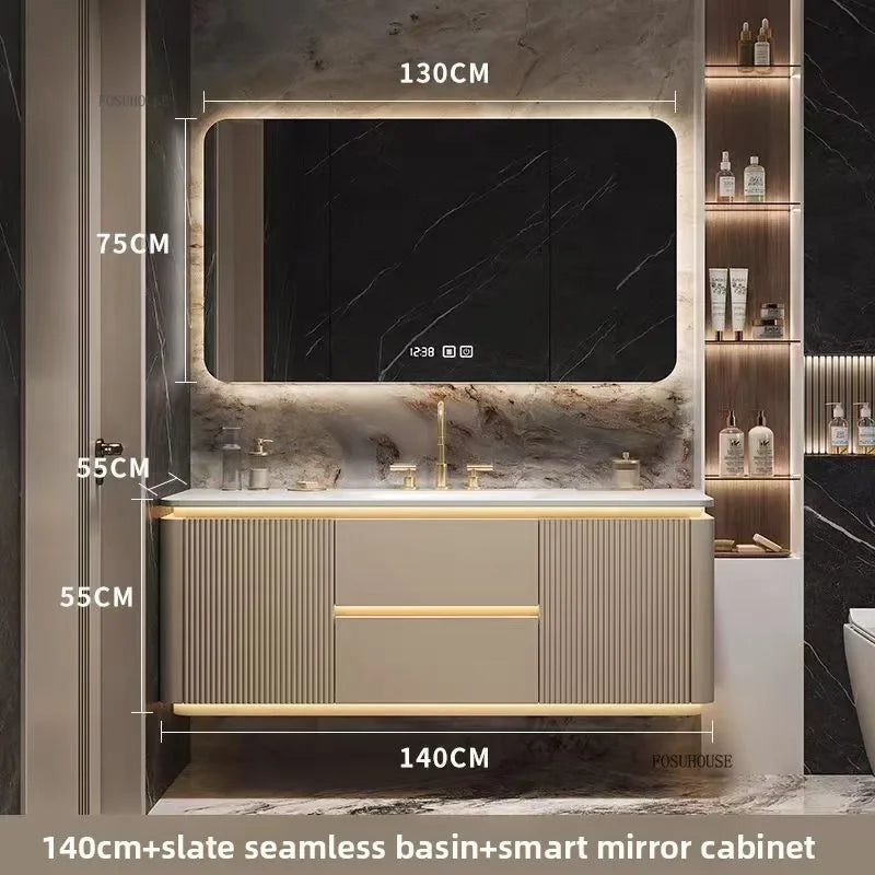 Luxury Bathroom Vanity Cabinets Set Modern Slate Single Double Basin Nordic Oak Storage Bathroom Drawer Slab Sink Mirror Cabinet