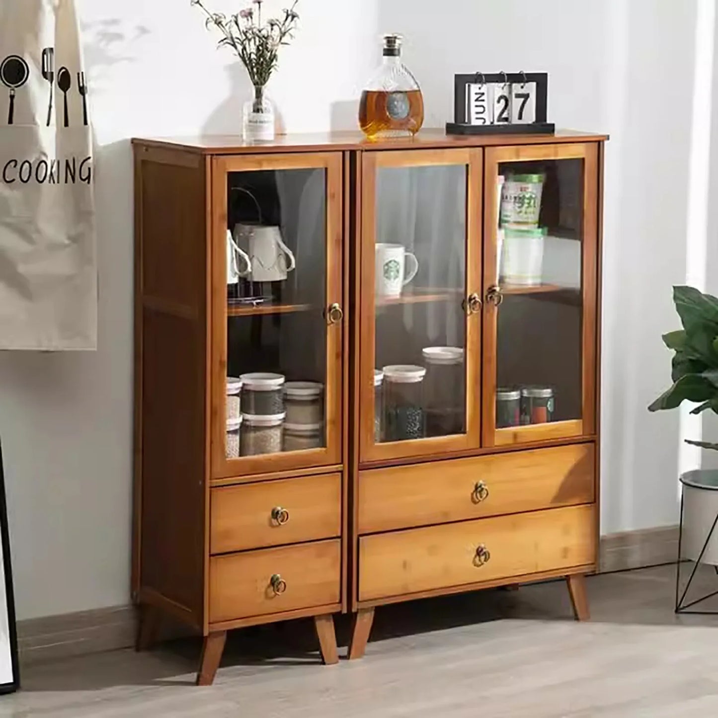 Retro Kitchen Sideboard with 2 Drawers, Bamboo and MDF Storage Cabinet for Small Space Organization