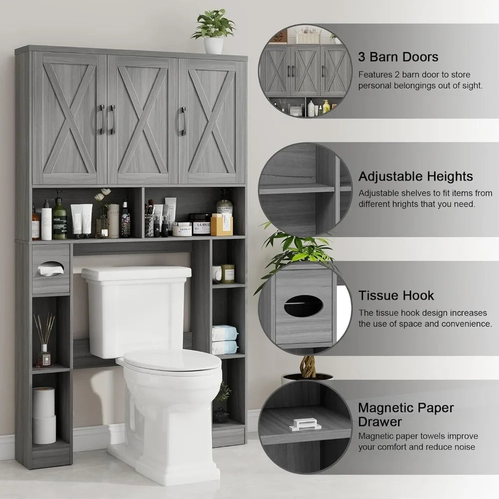 Over The Toilet Storage Cabinet, Farmhouse Toilet Cabinet Rack with 3 Barn Doors, Space Saving Bathroom Organizer with Shelves,