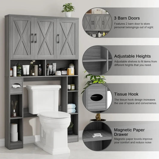 Over The Toilet Storage Cabinet, Farmhouse Toilet Cabinet Rack with 3 Barn Doors, Space Saving Bathroom Organizer with Shelves,