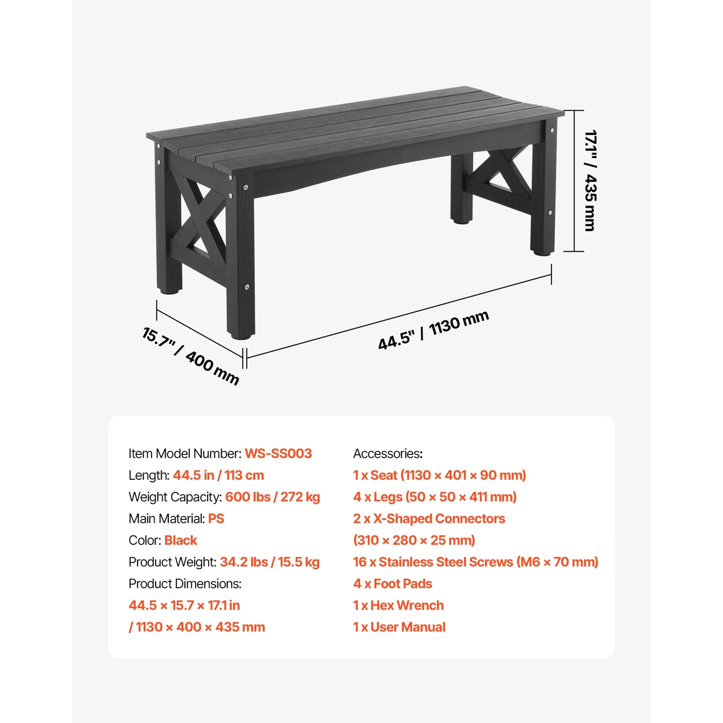 Outdoor Bench Wooden Metal Garden Bench for Outdoors 480 lbs Load Capacity Bench Outdoor Garden Park Bench