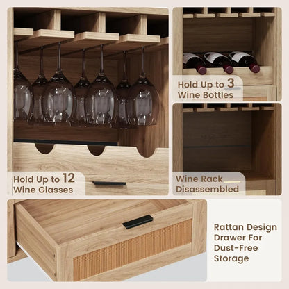 51" Rattan Buffet Cabinet with Wine Rack & Glass Holders, Farmhouse Sideboard for Living Room