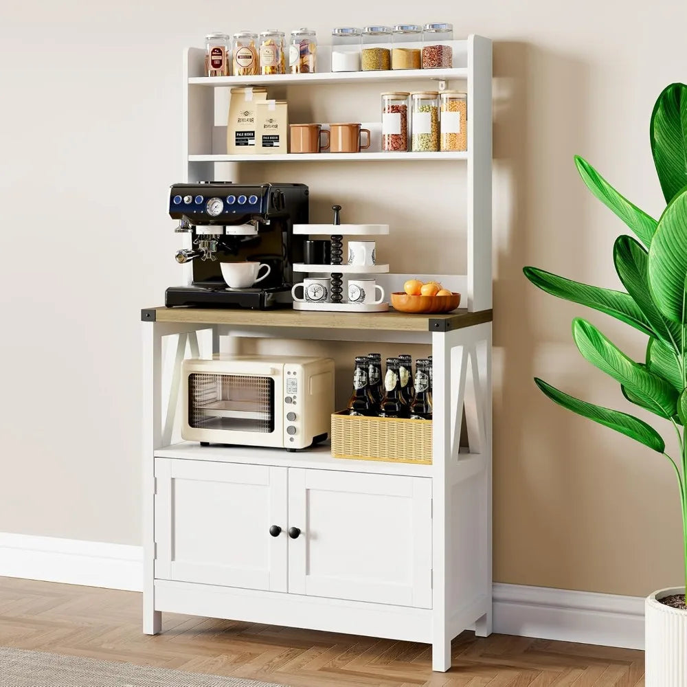 White Microwave Stand Bakers Rack Cabinet, Freestanding 5-Tier Kitchen Storage with Shelves, Farmhouse Floor Hutch Door Thickene