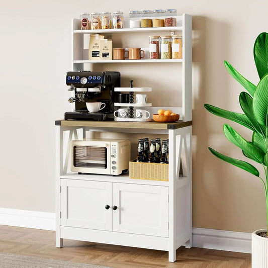 White Microwave Stand Bakers Rack Cabinet, Freestanding 5-Tier Kitchen Storage with Shelves, Farmhouse Floor Hutch Door Thickene