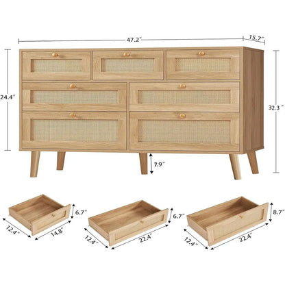 47.2''Wide 7 Der Rattan Drer, Wood Drers TV Stand, Boho Drers & Chests o Ders or Bedroom, Entryway, Natural