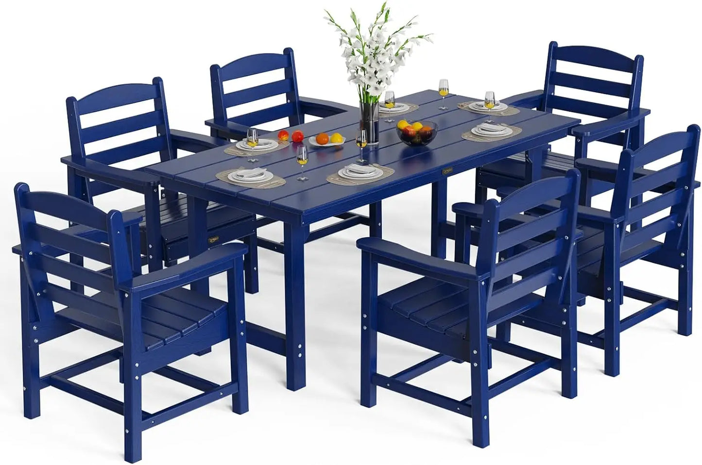 7-Piece Outdoor Patio Dining Set, HDPE All-Weather Rectangular Table with Umbrella Hole & 6 Patio Dining Chairs, Durable Patio