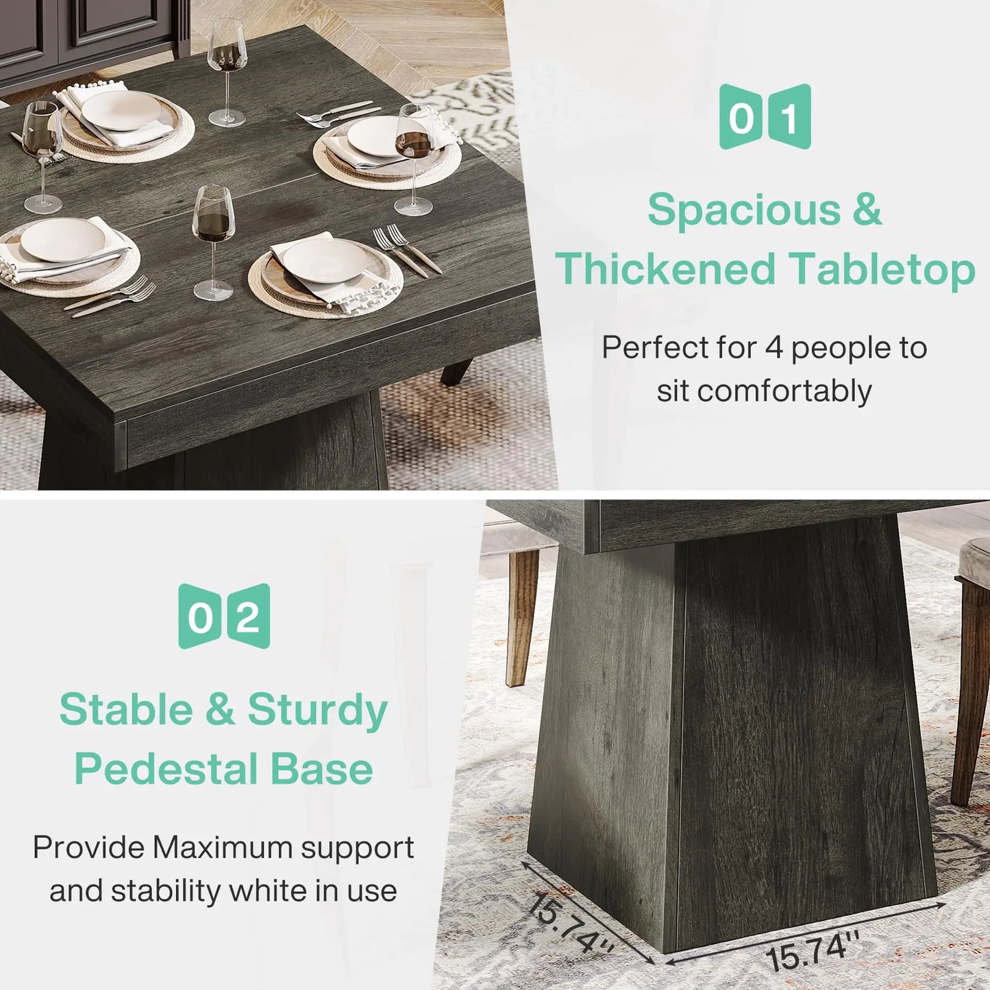Square Dining Table for 4, 31.5-Inch Kitchen Table Small Dinner Table with Sturdy Pedestal Base