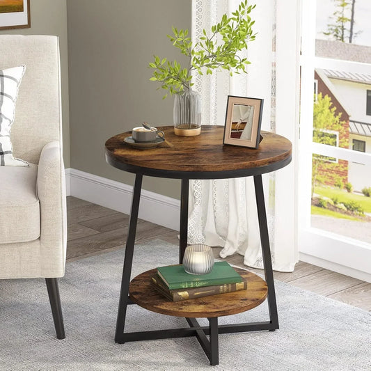2 Tier Round End/Side Table with Storage Shelf