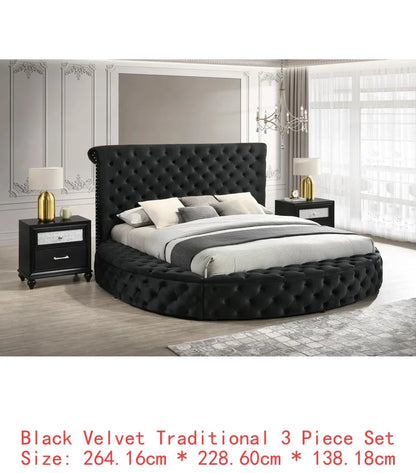 Queen Size Ivory Velvet Button-Tufted Storage Bed Set with 2 Nightstands - Wooden Bedroom Furniture 3pc Set