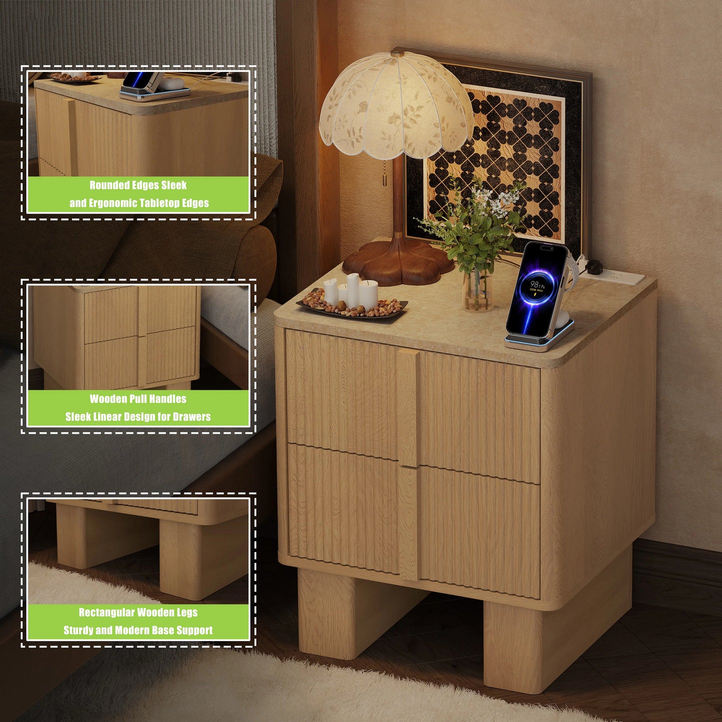Set of 2 Fluted Nightstands w/ Charging, 2-Drawer End Tables w/ Reinforced Legs, Whitewashed Oak for Bedroom