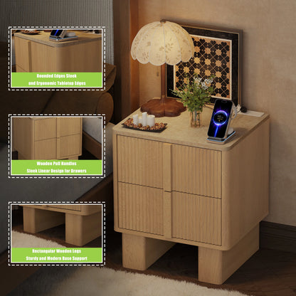 Set of 2 Fluted Nightstands w/ Charging, 2-Drawer End Tables w/ Reinforced Legs, Whitewashed Oak for Bedroom