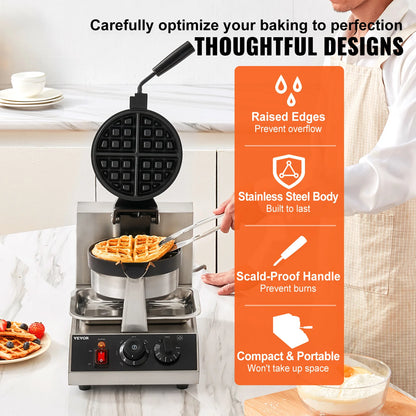 Electric Waffle Maker Stainless Steel Round Waffle Iron Non-Stick Waffle Baker Machine Teflon-Coated Baking Pans