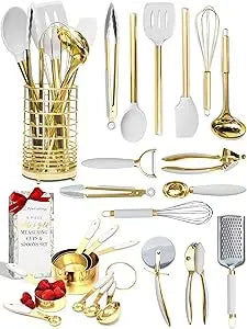 White and Gold Kitchen Utensils Set - 23-Piece Gold Kitchen Accessories Include Measuring Cups and Spoons Set, Silicone Utensils