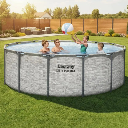 Steel Pro MAX 14 x 48 Above Ground Pool, Round Metal Frame Outdoor Swimming Pool Set with Filter Pump, Ladder, and Cover, Gray