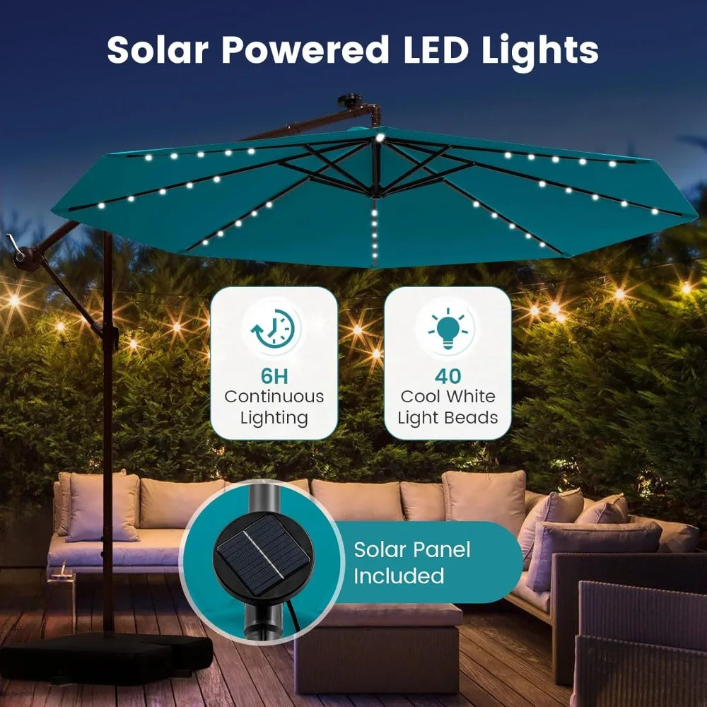 10 Foot Cantilever Patio Umbrella with Solar LED Lights, Tilt and Crank Operation, and Included Base