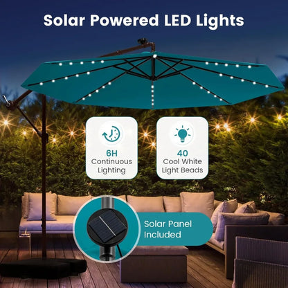 10 Foot Cantilever Patio Umbrella with Solar LED Lights, Tilt and Crank Operation, and Included Base